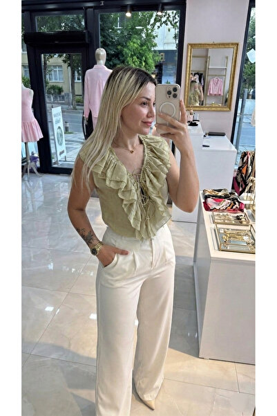 Lovely butik Γυναικεία μπλούζα με βολάν και κορδόνια - Λινή μπλούζα με υφή, κ...