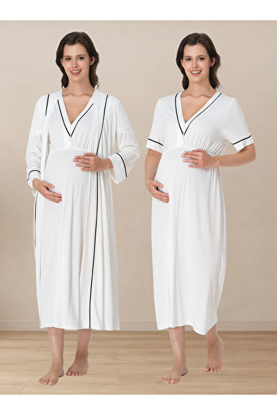 ByLohusa Cotton Long Dressing Gown Maternity Nightgown Set Effortt - Ecru