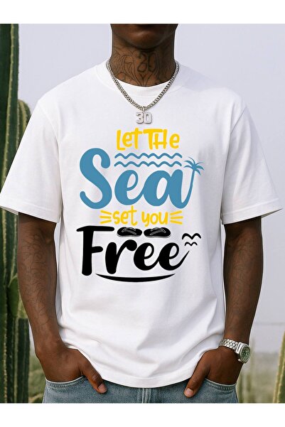 BASEPULSE تي شيرت رجالي بطبعة "Let The Sea Set You Free" - تصميم شاطئي أبيض ب...