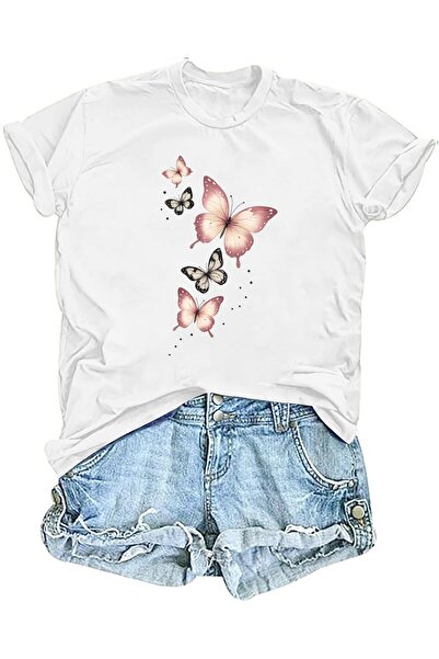 2mcup Butterfly Spot Print Women'S T-Shirt, Casual Round-Neck Top, Suitable f...