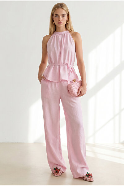Olalook Women's Pink Halter Neck Blouse with Pockets and Pants Set Tkm-19000504