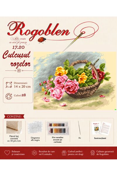 Rogoblen Kit de cusut Culcusul rozelor - set goblen cu pânză, diagrame alb-ne...