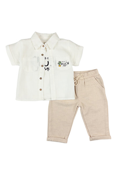 RCB Set de 3 piese pentru băieți, cămașă albă cu cactus și pantaloni lungi bej