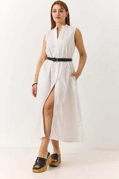 Raneel Kazançlı Alışveriş Woman judge collar a cut leather belted dress white