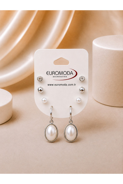 EUROMODA Oval Taş Büyük Detaylı Gümüş Renk 4'lü Küpe Seti