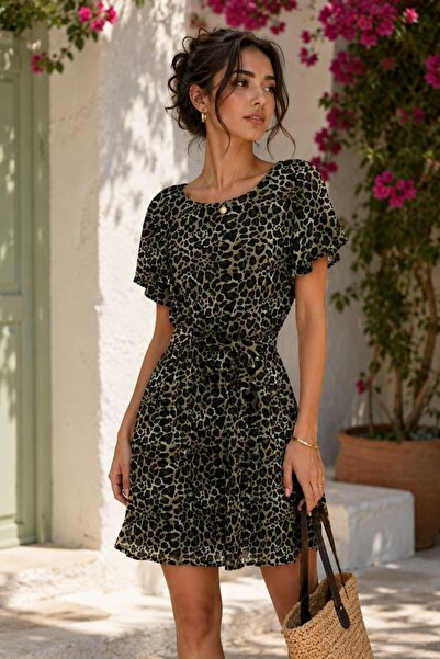 yb yağmur butik Square Collar Angel Sleeve Leopard Pattern Viscose Dress