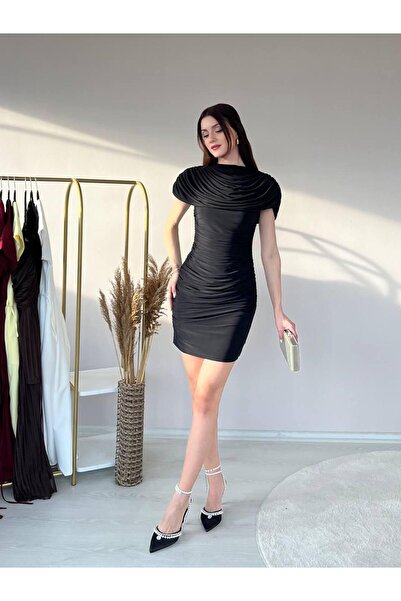 ALPŞAN TİCARET Women's Burgundy Black and White Draped Mini Evening Dress Boa...