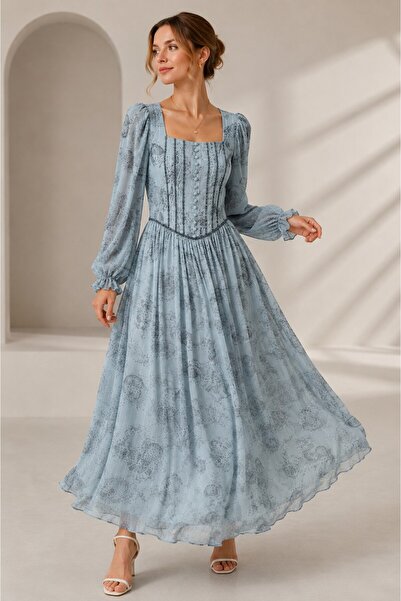 centilmen Fabe La Parte Long Sleeve and Corset Detailed Patterned Dress 2717