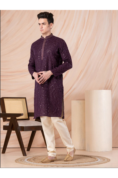 Devoiler Mens Thread & Sequins Work Cotton Kurta Set