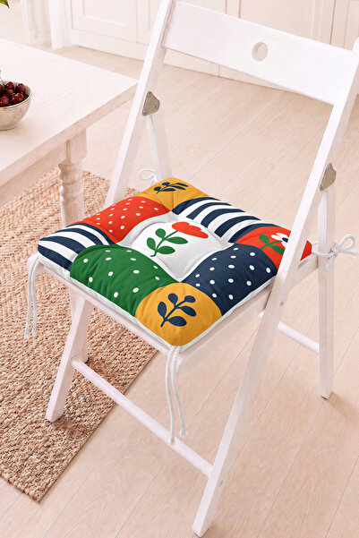 Home Çiçek ve Desenli Pofidik Sandalye Minderi - Renkli Patchwork Dekoratif M...