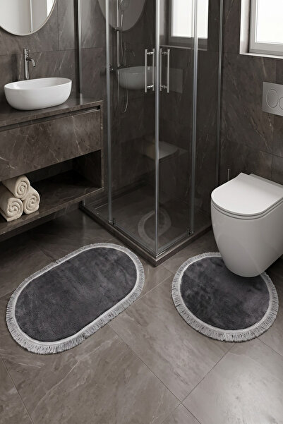 Geus Halı 2-Piece Bathroom Mat Set Non-Slip Base Soft Texture Fringed Oval Cu...