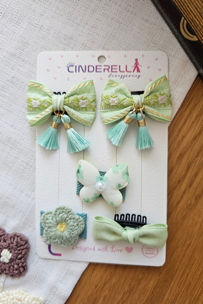Cinderella 5-Piece Set of Hand-Knitted Daisy Green Tone Bohemian Hair Clips w...