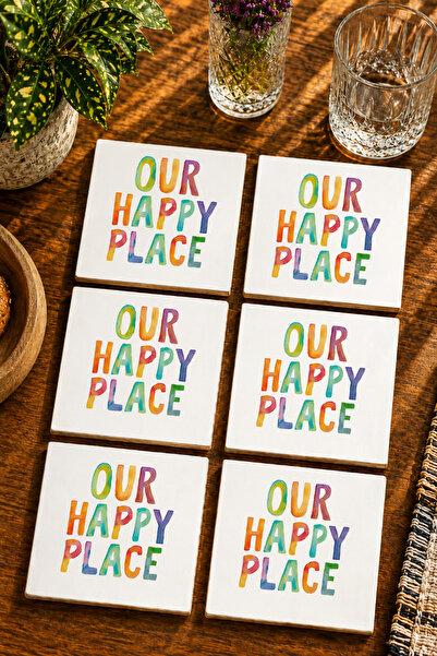 JHAAR Modern Textual Design - "Our Happy Place" Set of 6 Coasters - Uv Printi...