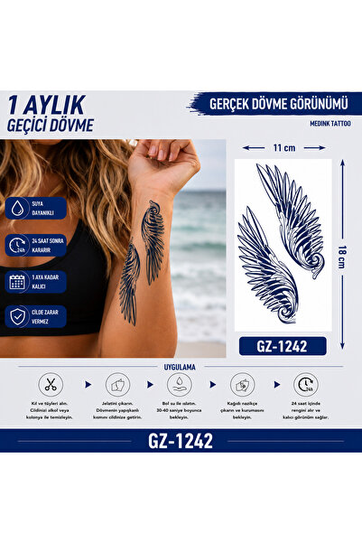 medink tattoo 1 Ay Kalıcı Sonradan Kararan 11X 18 cm 2 adet Kanat model geçic...