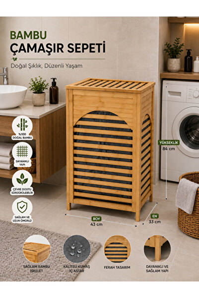 Arsimo 110 LT Bambu Çamaşır Sepeti Kapaklı Kirli Çamaşır Sepeti Doğal Ahşap G...