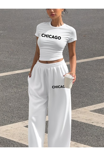macklin Women's Chicago Printed Baby Tee Combed Cotton Crop and Sweatpants - ...