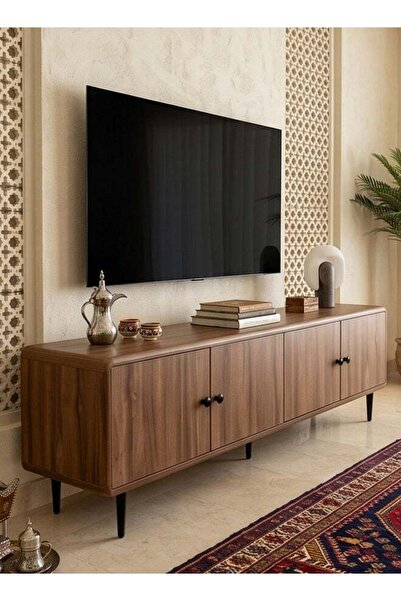Living Wooden TV Stand with 4 Doors and Metal Legs - Walnut Finish