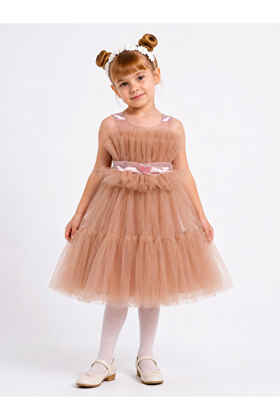AHENGİM Girl's Pink Tulle Evening Dress with Heart Buckle Princess Model Ak113