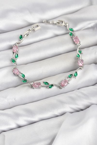 Toptan Bulurum Pirinç Gümüş Renk Pembe Zirkon Taşlı Çiçek Model Kadın Bileklik