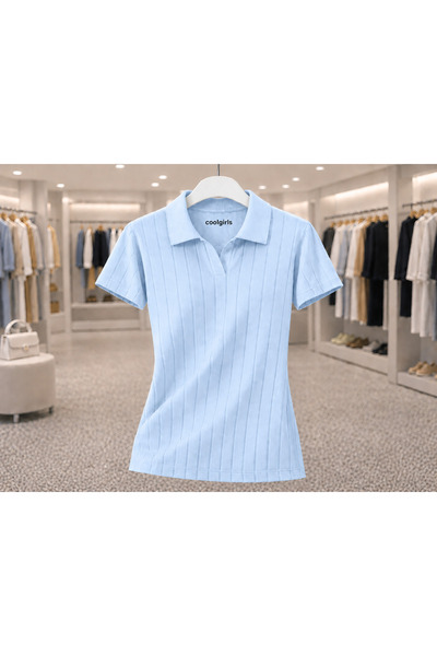 COOLGİRLS Kadın Polo Yaka Fitilli Triko Bluz Kısa Kollu Yazlık Günlük Şık