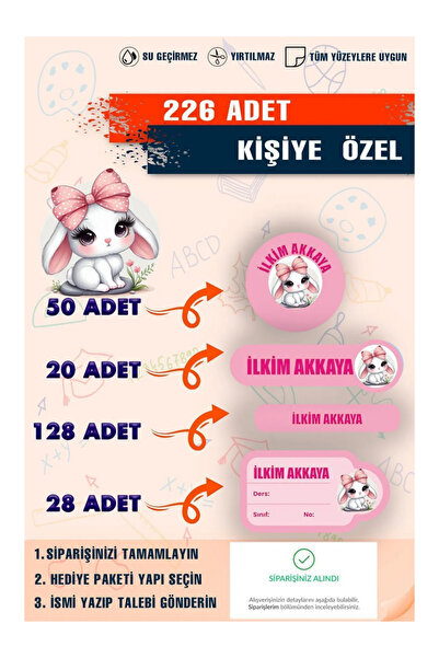 TOZLU RAF Sevimli - Tavşan-Okul-kreş-kalem-suluk-defter-etiket-sticker 226 parça