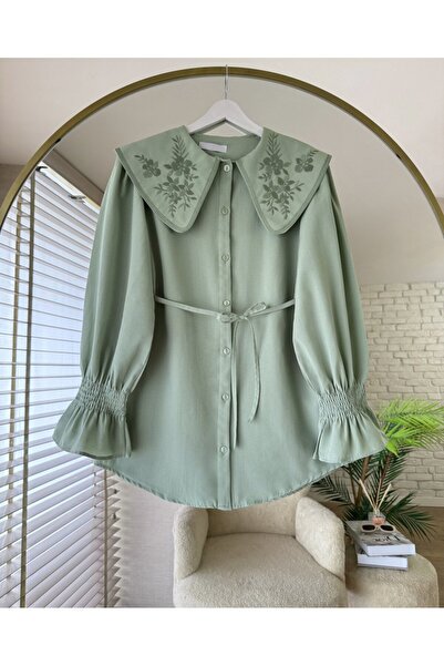 KEVRA Collar Embroidered Belted Shirt