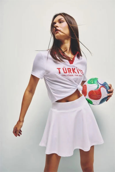 DeFacto Crop Top Sportsman Mesh Jersey Fabric Turkey Printed Short Sleeve Pol...