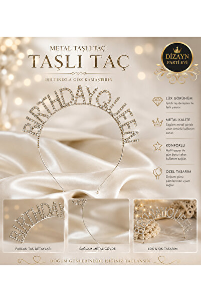 Dizayn Parti Evi Birthday Queen Metal Taşlı Taç Lüks Kristal Görünümlü Doğum ...