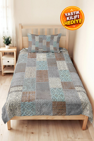 Evimde Bambaşka Geometric Gray Young Room Single Pique Set-Patchwork Turquois...