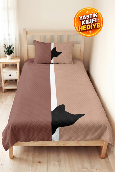 Evimde Bambaşka Cat Patterned Powder Youth Room Single Pique Set - Mink Black...