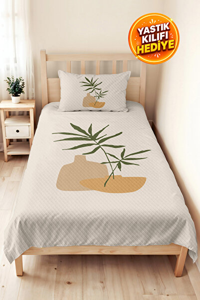 Evimde Bambaşka Botanical Green Young Room Single Pique Set - Minimal Beige 1...