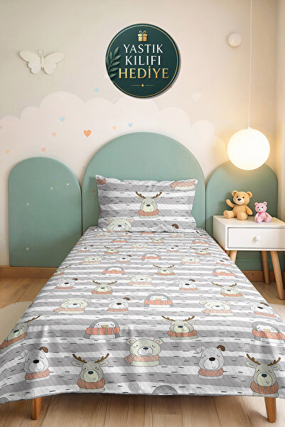Evimde Bambaşka Gray Children's Room Pique Set with Panda Figure - Pastel Mod...