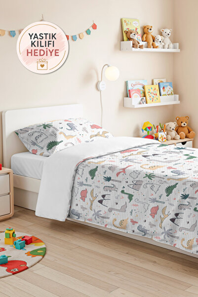 Evimde Bambaşka Dinosaur Pastel Children's Room Single Pique Set-Tropical Gre...