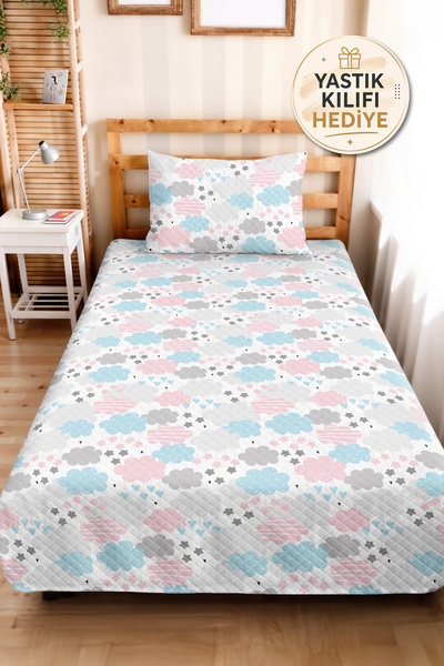 Evimde Bambaşka Cloud Pastel Pink Girls' Pique Set - Blue Gray Starry Baby Ro...