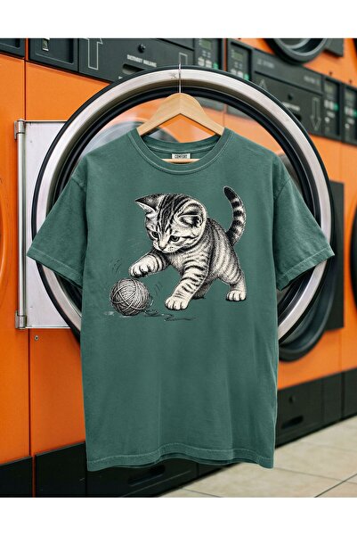 Vintage Kedi Baskılı Oversize Unisex Tişört | Retro Çizim | Pamuklu Günlük T-Shirt