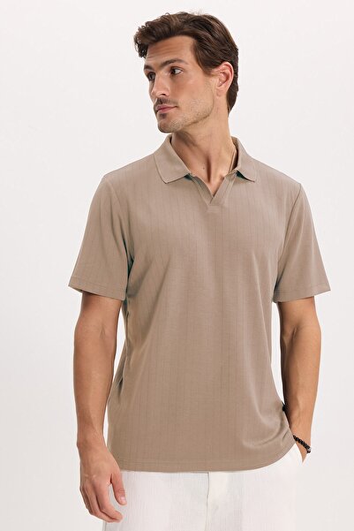 Tudors Erkek Slim Fit Dar Kesim Pamuklu Kısa Kollu Çizgili Vizon Polo V Yaka ...
