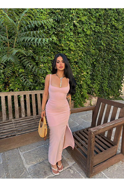 kırmızı butiks Powder Color Single Slit Gathered Side Dress