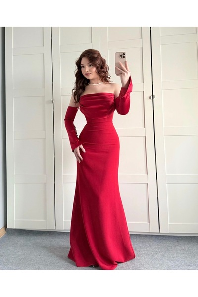 ayşenur Dinçer butik Alya Saten Kollu Abiye Kırmızı