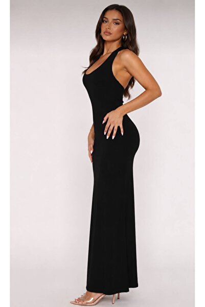 FRO FASHİON Fit Kesim Boyundan Bağlamalı Maxi Elbise