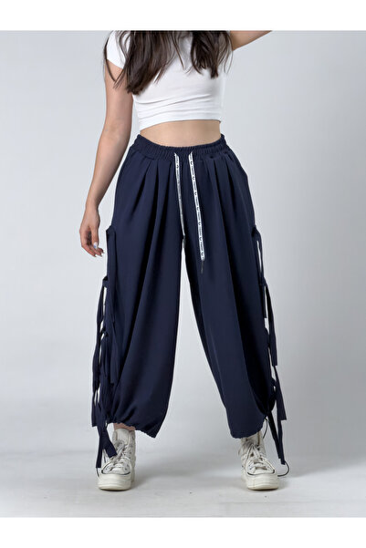 COCOPELLI Women's Navy Blue Wide Leg Loose Trousers with Rope Detail Coc3241
