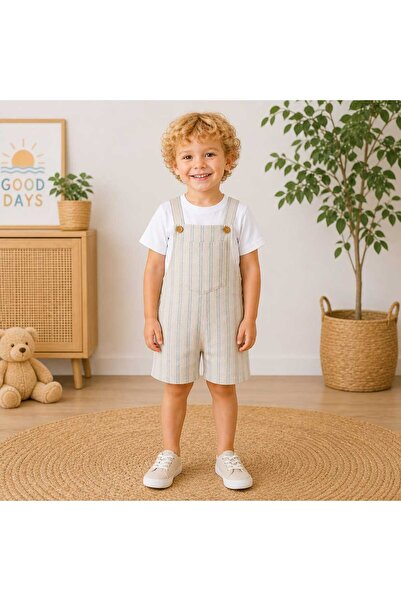 BEBEĞİME ÇORAP Boy's Striped Linen Salopet Shorts Overalls