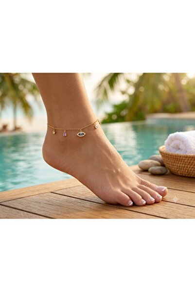 GİS JEWELRY Steel Gold Color Zircon Stone Eye Figure Anklet