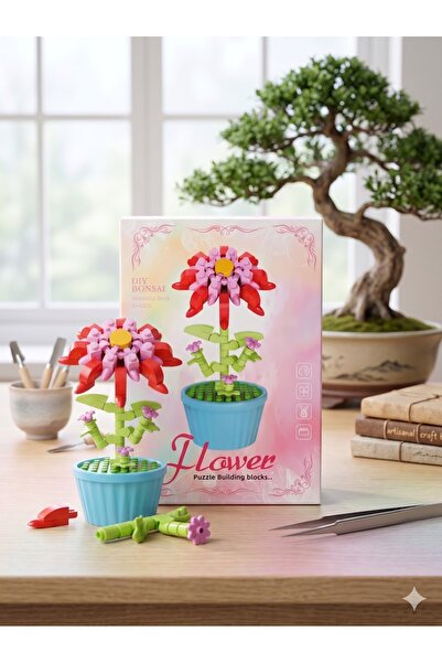 Arvela Mini Çiçek Yapım Blokları - DIY Kırmızı Pembe Yıldız Çiçeği Mavi Saksı...