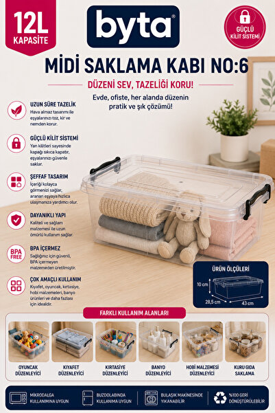 BYTA 12 L Multi-Purpose Storage Box with Lockable Lid Transparent Plastic Org...