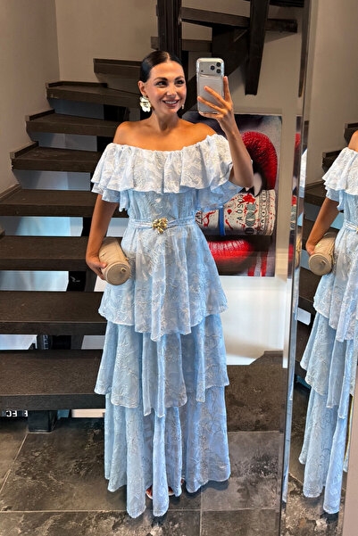 Seda Yalçın Atelier Liora Işıltılı Mavi Kat Kat Volanlı Elbise