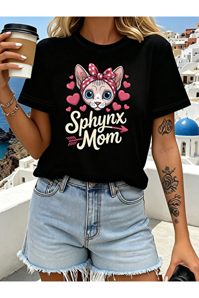BASEPULSE تي شيرت نسائي برقبة دائرية من Sphynx Mom، مطبوع عليه رسومات قلب قطة...