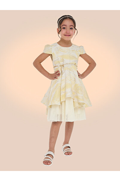 Victor and Jane By Styli Girls Jacquard Festive Dress with Bow Belt