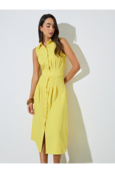 Styli Yellow Casual Shirt Midi Dress with Fold Pleat