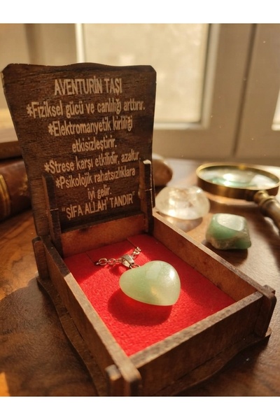 Meneva Aksesuar Aventurine Stone Natural Stone Heart Model Necklace with Wood...