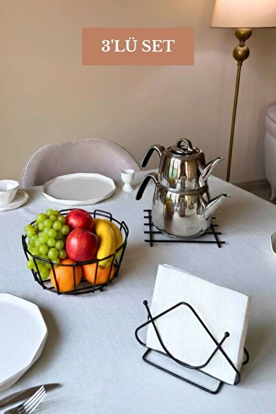Edora Home Set of 3 Black Triangle Napkin Holder Trivet Oval Corner Fruit Bas...